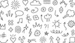 Cartoon line element, cute scribble, doodle arrow, sketch cloud icon, hand drawn star, text sticker, emoji movement symbol, simple expression mark. Editable stroke. Comic vector illustration