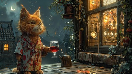 Wall Mural - On a deep, still night, an anthropomorphized orange cat, clad in an exquisitely tailored silk pajama, stands by a window with a glass of aged red wine in its hand. 