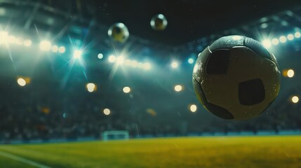 a soccer ball in closeup flying in the air on a big soccer field stadium