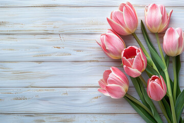 Poster - Beautiful Pink Tulips on a Light Wooden Board with Space for Copy, Mothers Day