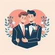 Illustration of a groom and groom. One is wearing a sharp suit, embracing the other affectionately