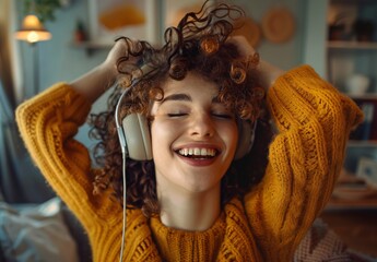 Wall Mural - Happy young woman with curly hair wearing headphones dancing and listening to music at home