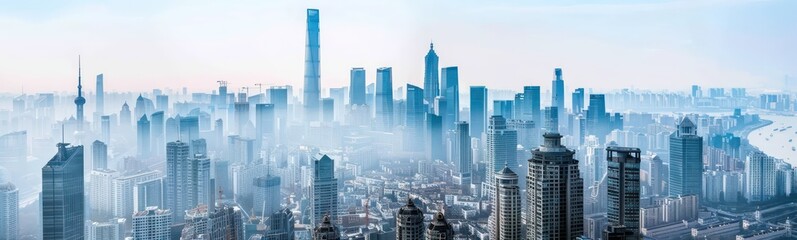 panorama of the city,  skyscrapers  in the city and cranes, white sky