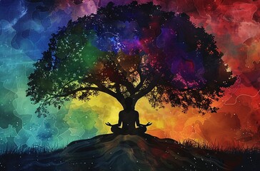 Wall Mural - a meditation tree on a rainbow background