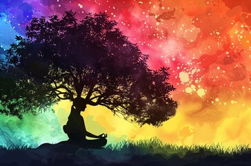 Wall Mural - a meditation tree on a rainbow background