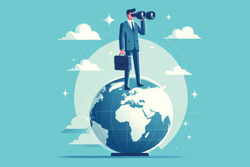 looking at future opportunities, a businessman standing on a globe holding binoculars