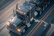Conventional trucks drive on highways. Automobile and freight transportation concept.