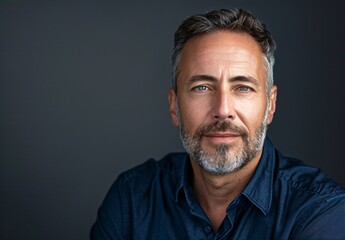 Wall Mural - photo of a handsome middle age man with short hair and beard wearing a dark blue shirt