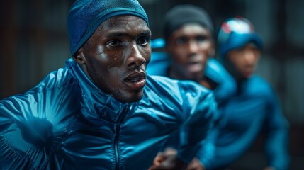 Intense training session with three focused male athletes dressed in blue, capturing determination, teamwork, and athletic spirit in pre-Olympic preparation.