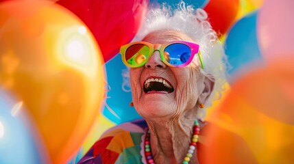 Wall Mural - a happy old woman in colorful sunglasses surrounded by balloons