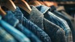 A close-up view of a selection of clothes hanging on wooden hangers. The focus is on a tweed jacket with visible texture, and nearby there are items made from denim and plaid fabrics. The background i