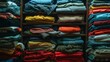 A wooden wardrobe is filled with neatly folded clothes. Various items including jeans, t-shirts, sweaters, and button-up shirts in a wide range of colors from blue, red, yellow, green to neutral tones