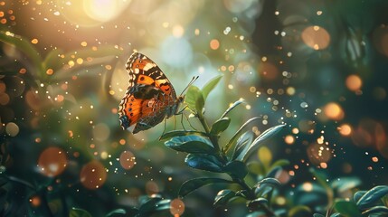 Wall Mural - A vibrant butterfly with orange, black, and white patterned wings perches delicately on a green leaf amidst a dreamy, bokeh-filled backdrop. The sun, possibly setting, creates a warm glow and numerous