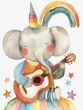 A cute elephant with a clown costume and a clown nose, playing guitar, a simple watercolor clipart of a happy baby unicorn stars and rainbows against a white background
