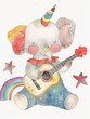 A cute elephant with a clown costume and a clown nose, playing guitar, a simple watercolor clipart of a happy baby unicorn stars and rainbows against a white background