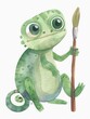 A cute happy baby chameleon with a paint brush, a simple watercolor clipart against a white background