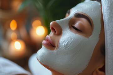 Wall Mural - Hispanic woman relaxing with facial mask treatment, spa setting