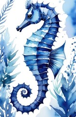 Wall Mural - detailed hand-drawn watercolor illustration of seahorse in blue tones. ocean wildlife.