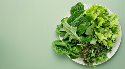 Wall Mural - A composition of green leafy vegetables (spinach, lettuce, arugula) arranged on a white plate generative ai