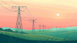 Power lines at dawn in a green field. The sun in the pink sky.