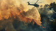 A helicopter extinguishes a forest fire. He flies against the background of a sky illuminated by fire above the tops of trees.
