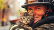 A smiling fireman holds a rescued kitten to his chest.