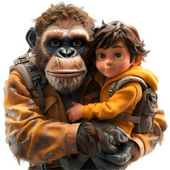 Canvas Print - A heroic 3D animated cartoon render of an ape rescuing a child.