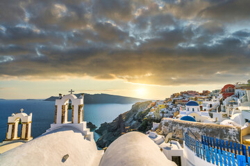 Sticker - Beautiful sunset scenery of Oia village on Santorini island. Greece