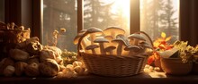 A Basket Filled With Various Exotic Mushrooms, Set On A Wooden Kitchen Table With Morning Sunlight Streaming Through A Nearby Window,