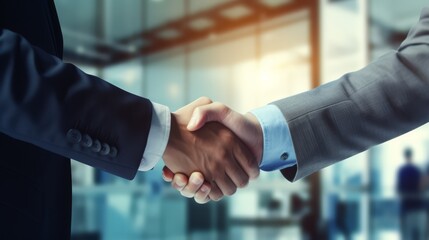 Wall Mural - Two professionals shaking hands in a corporate environment, sealing a successful investment deal,