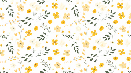 Poster - A seamless pattern of cute hand drawn yellow and white flowers and green leaves on a white background.