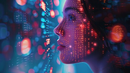 Wall Mural - Profile of a woman against a backdrop of digital data code, symbolizing the intersection of humanity and technology.
