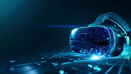 Poster - Virtual Reality Headset Illuminated in Blue Light on Reflective Surface
