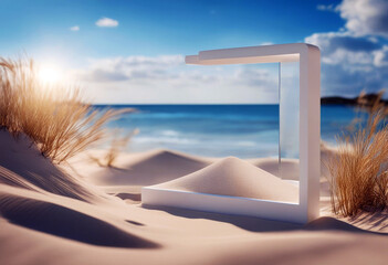 Wall Mural - 'White background againt sand beautiful blurry 3D concept sky blue dune put podium 3D Summer ocean splay advertistment poduim template product racked island copy space blurred'