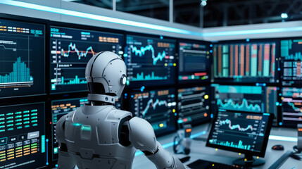 A robot is sitting in front of a computer monitor with many graphs and numbers