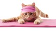 The beige cat athlete in a sport headband is doing yoga exercises on a pink fitness mat. White background. Isolated.