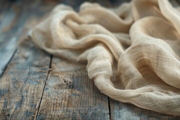 Poster - A white cloth is laying on a wooden table