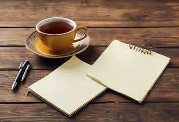 'background page notepad cup wooden together dark Blank tea pen'