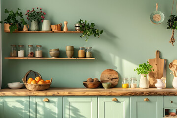 green cabinets and wooden countertop and shelf on green wall. farmhouse interior design of kitchen. 