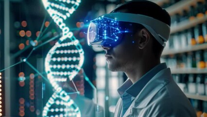 Poster - Man Experiencing Virtual Reality DNA Simulation in Laboratory Setting