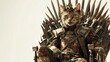 The cat warrior is sitting on an iron throne. White background.