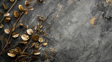 Wall Mural - Golden leaves on textured gray background