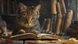 The clever cat is reading fairy tales for kittens. Kittens listen to him carefully.