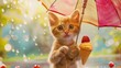 The cute cat is holding an umbrella in one paw and fruit ice cream in other.