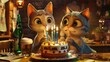 The couple of cats in love celebrate a birthday in the restaurant. They eat a holiday cake with seven burning candles and drink beer and coffee.