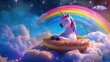 The dog unicorn with a big color donutis sitting on the cloud under the rainbow at night. Stars background.