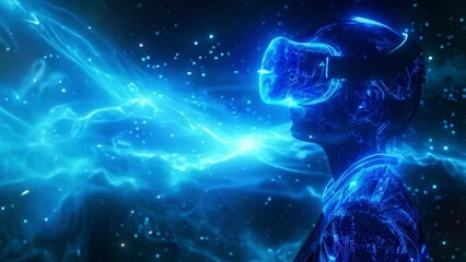 Poster - Man Experiencing Virtual Reality in a Neon Digital World