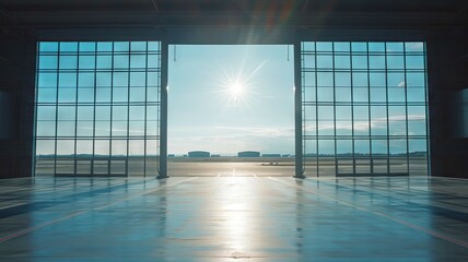 Sunlight piercing through airport hangar doors - Immense airport hangar doors open to a vibrant sky with sunlight streaming through, invoking a sense of new beginnings