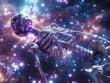 A skeleton floating in space with a beautiful nebula in the background.