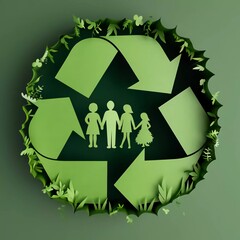 Recycling and environment with green recycling logo and family, very beautiful paper cut art style